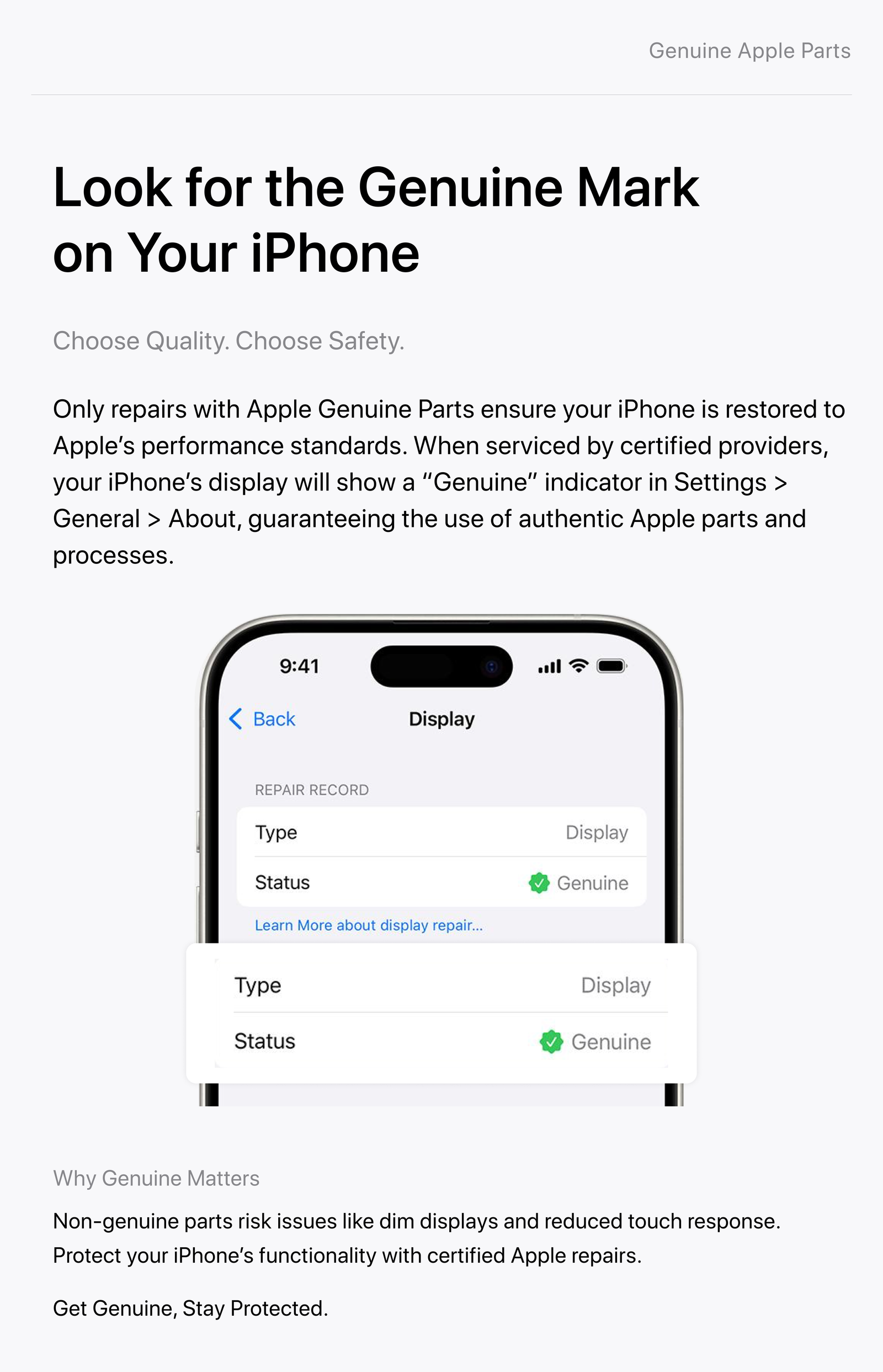 Look for the Genuine Mark on Your iPhone — Settings screen showing Display repair record with Genuine status indicator